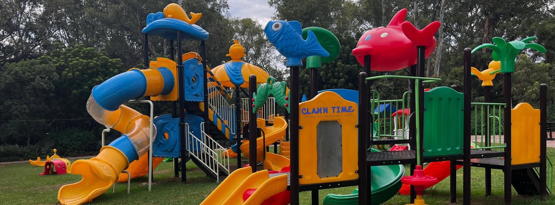 The colourful outdoor play garden at Clann Time restaurant
